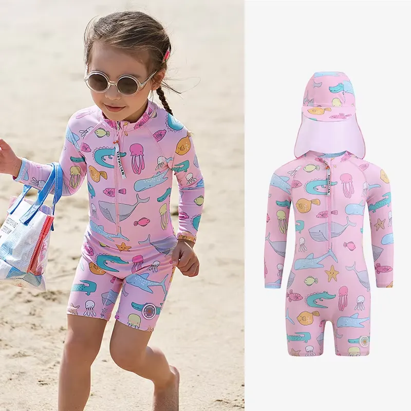 2024 New Girls Swimsuit One-piece Swimwear UPF50  Print Baby Long Sleeve Kids Toddler Infant Beach Bathing Suits Children