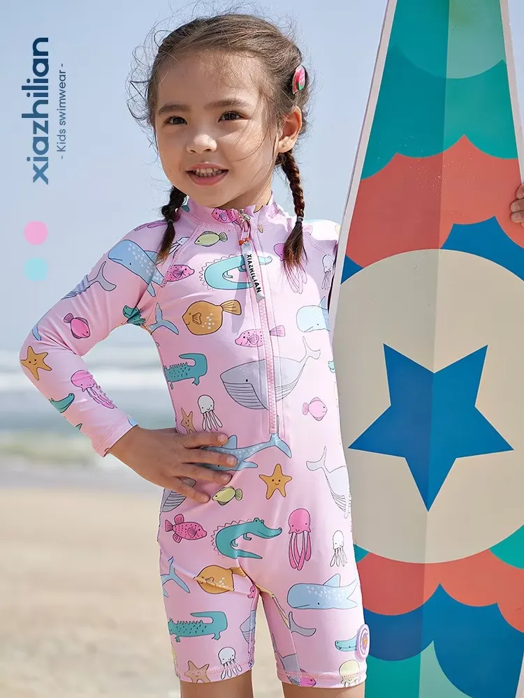 2024 New Girls Swimsuit One-piece Swimwear UPF50  Print Baby Long Sleeve Kids Toddler Infant Beach Bathing Suits Children