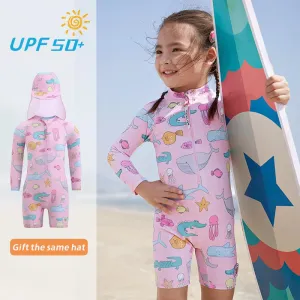 2024 New Girls Swimsuit One-piece Swimwear UPF50  Print Baby Long Sleeve Kids Toddler Infant Beach Bathing Suits Children