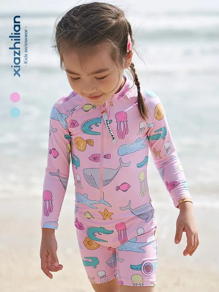 2024 New Girls Swimsuit One-piece Swimwear UPF50  Print Baby Long Sleeve Kids Toddler Infant Beach Bathing Suits Children
