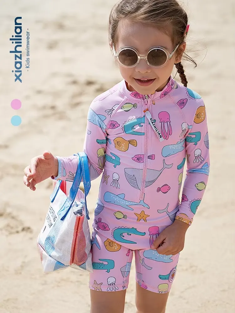 2024 New Girls Swimsuit One-piece Swimwear UPF50  Print Baby Long Sleeve Kids Toddler Infant Beach Bathing Suits Children