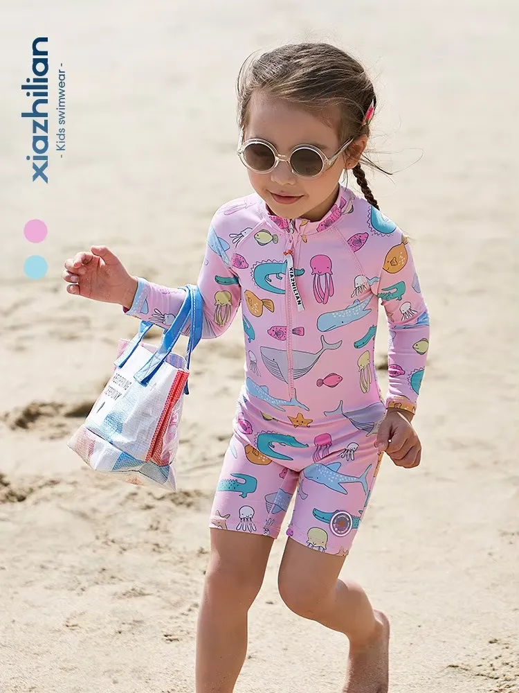 2024 New Girls Swimsuit One-piece Swimwear UPF50  Print Baby Long Sleeve Kids Toddler Infant Beach Bathing Suits Children