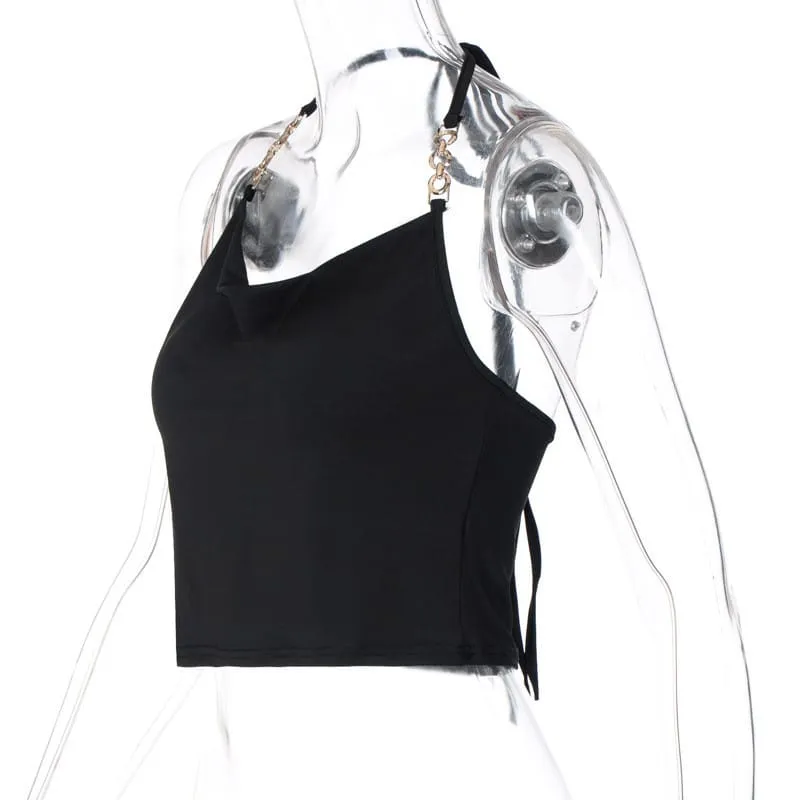(30 Pieces) Women Sexy Halter Neck Solid Color Metal Chain Strap Top