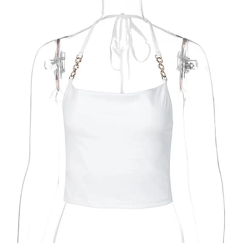 (30 Pieces) Women Sexy Halter Neck Solid Color Metal Chain Strap Top