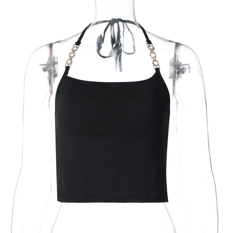 (30 Pieces) Women Sexy Halter Neck Solid Color Metal Chain Strap Top
