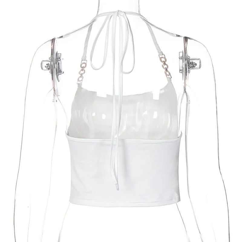 (30 Pieces) Women Sexy Halter Neck Solid Color Metal Chain Strap Top