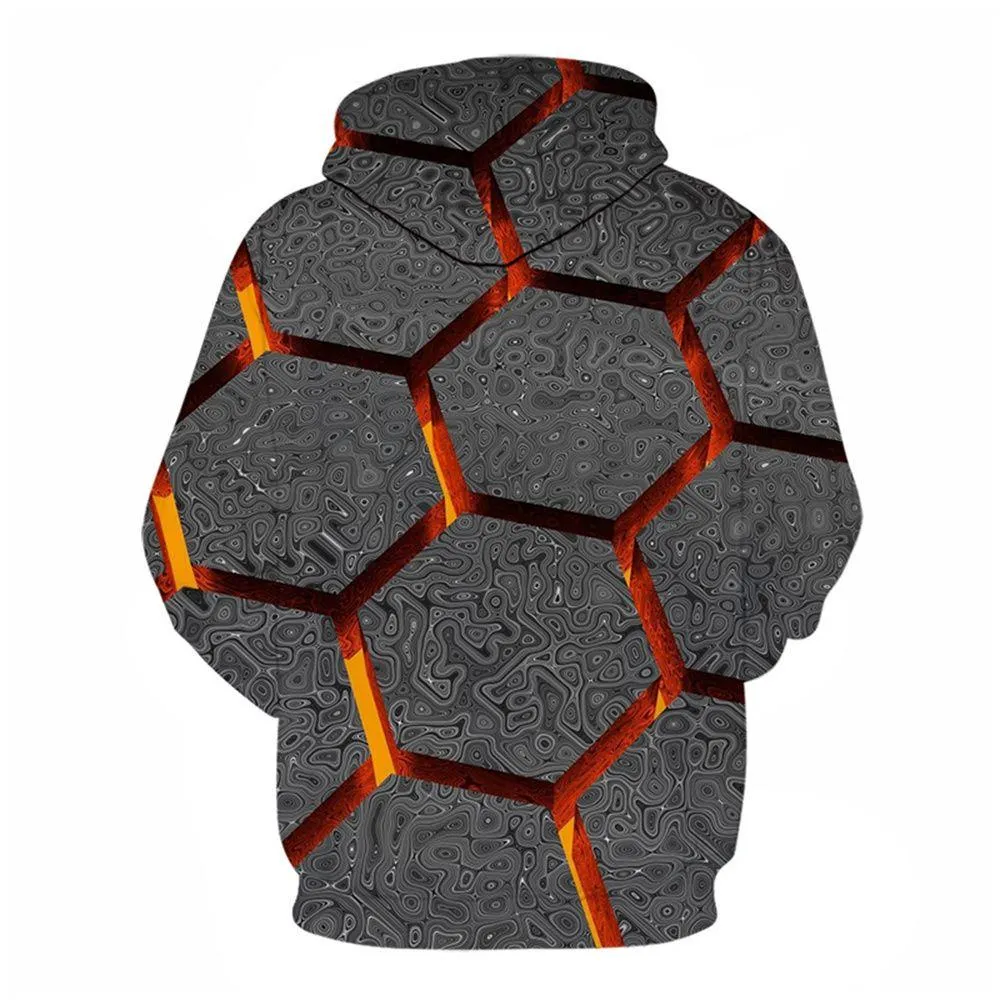 3D Graphic Printed Hoodies Black Hexagon