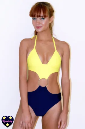 90s O Ring Colorblock Cut Out Monokini One Piece Swimsuit - Yellow and Navy