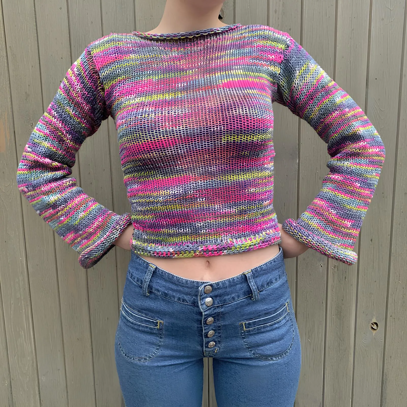 90s Streetwear Color Block Crochet Knit Crop Top – Bold & Trendy