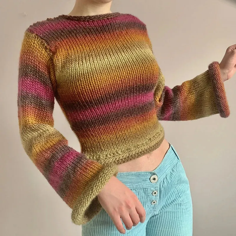 90s Streetwear Color Block Crochet Knit Crop Top – Bold & Trendy