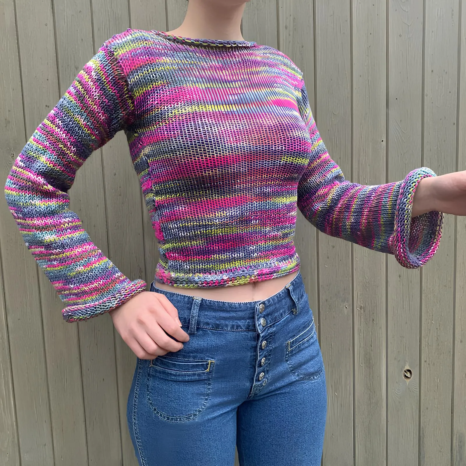 90s Streetwear Color Block Crochet Knit Crop Top – Bold & Trendy