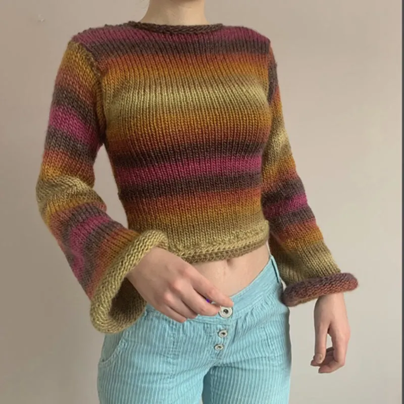 90s Streetwear Color Block Crochet Knit Crop Top – Bold & Trendy