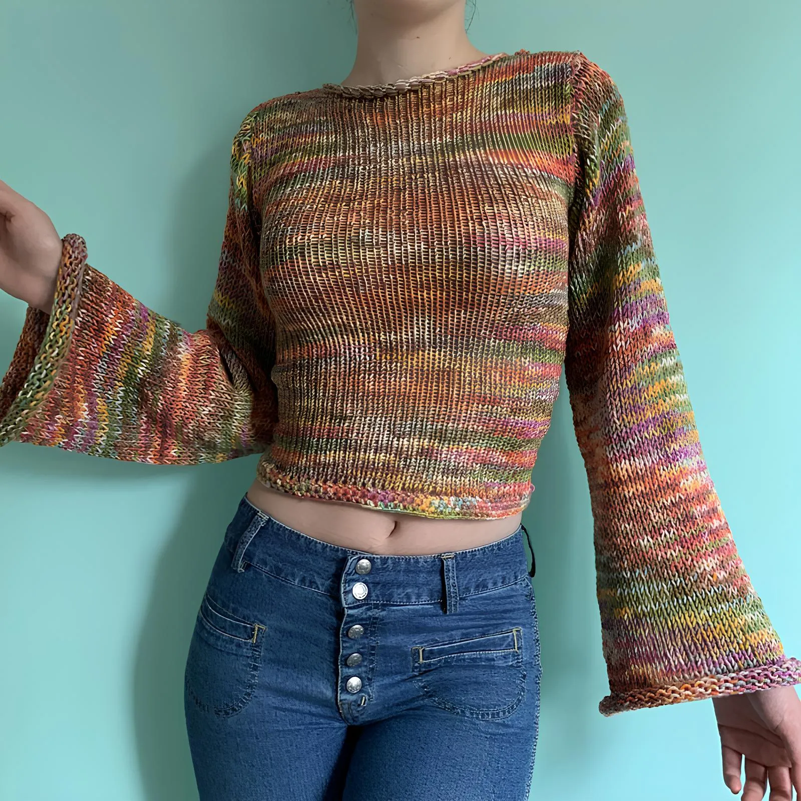 90s Streetwear Color Block Crochet Knit Crop Top – Bold & Trendy