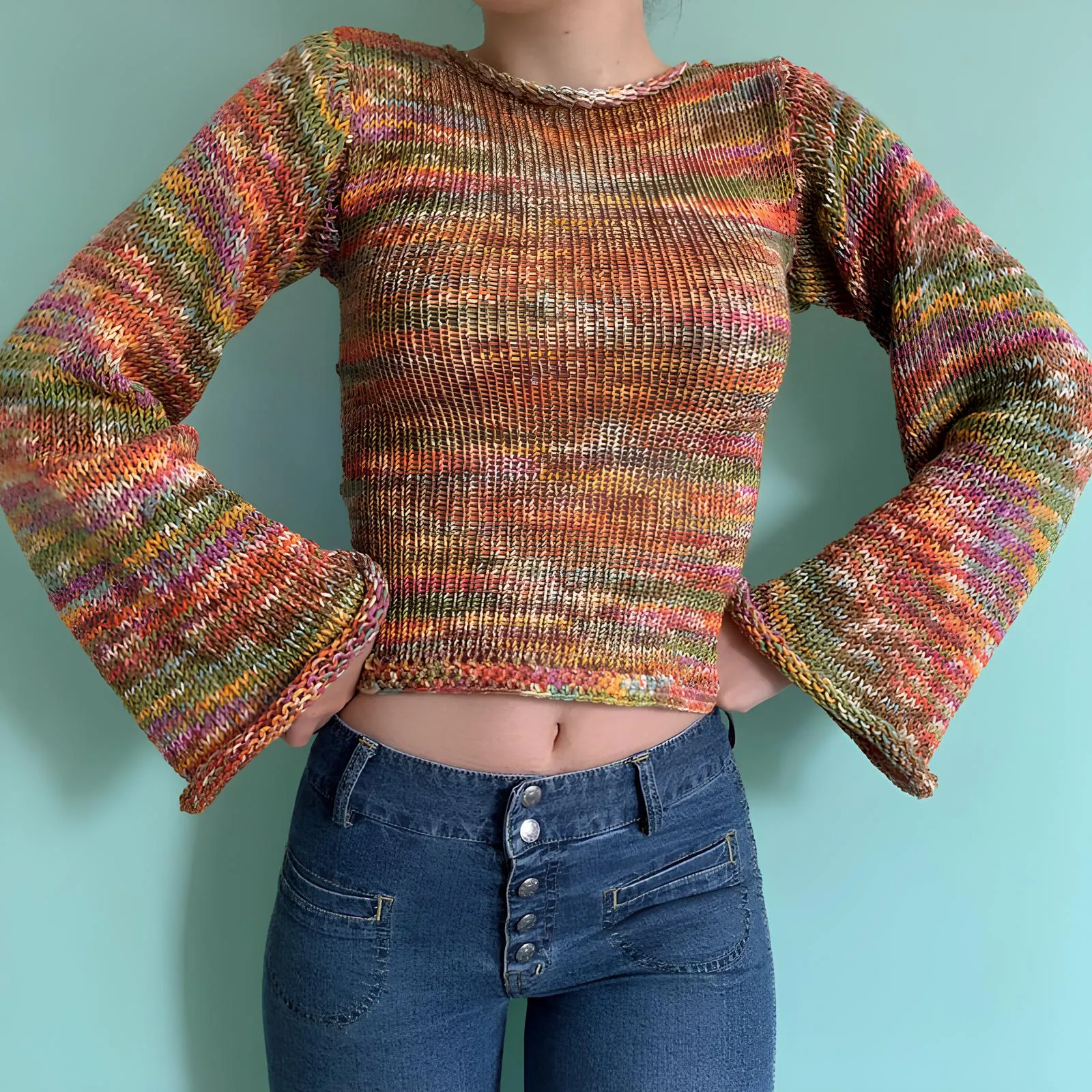 90s Streetwear Color Block Crochet Knit Crop Top – Bold & Trendy