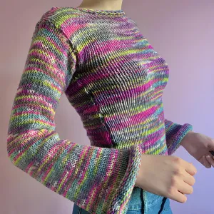 90s Streetwear Color Block Crochet Knit Crop Top – Bold & Trendy