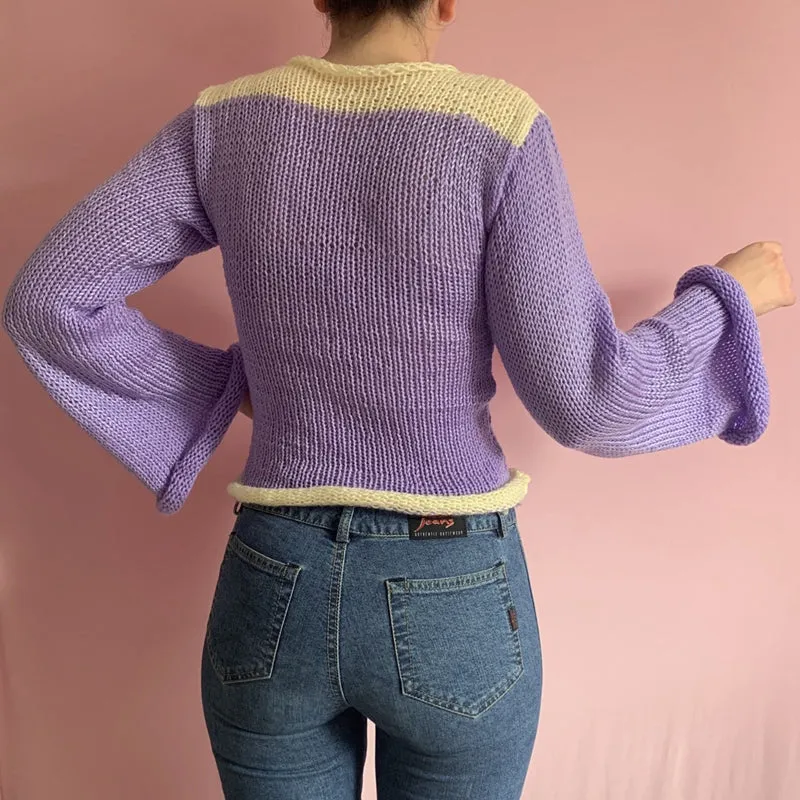 90s Streetwear Color Block Crochet Knit Crop Top – Bold & Trendy