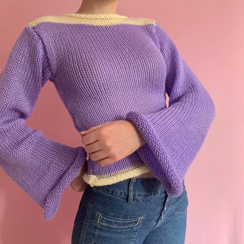 90s Streetwear Color Block Crochet Knit Crop Top – Bold & Trendy