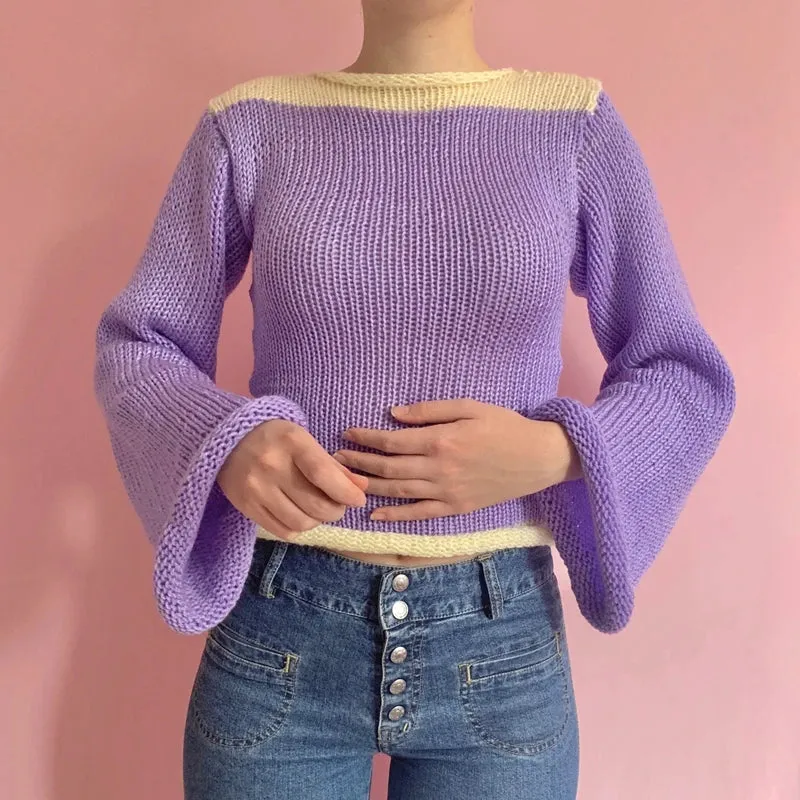 90s Streetwear Color Block Crochet Knit Crop Top – Bold & Trendy