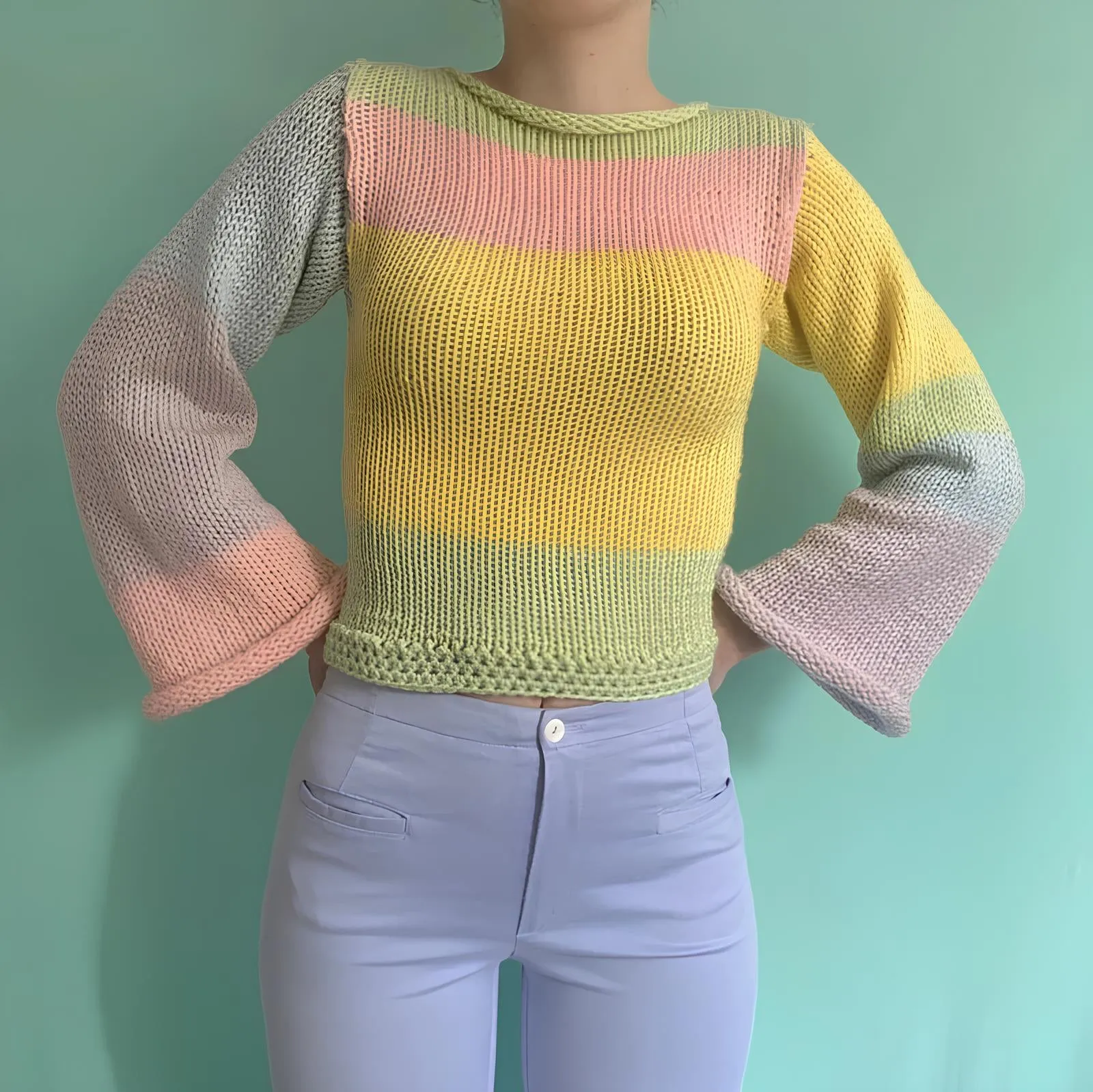 90s Streetwear Color Block Crochet Knit Crop Top – Bold & Trendy