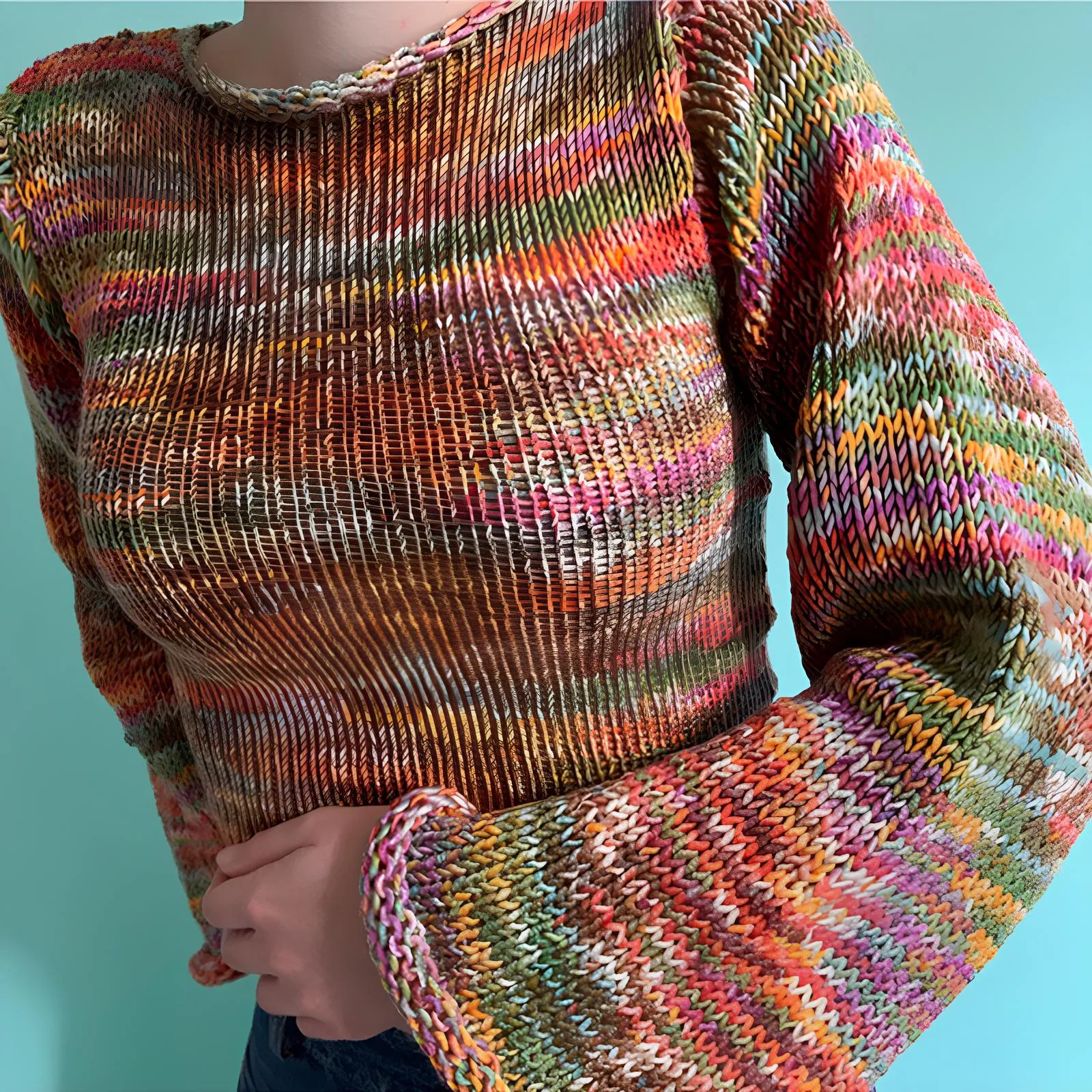 90s Streetwear Color Block Crochet Knit Crop Top – Bold & Trendy