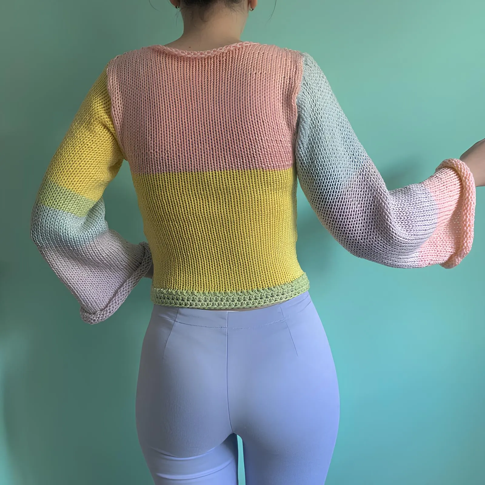 90s Streetwear Color Block Crochet Knit Crop Top – Bold & Trendy