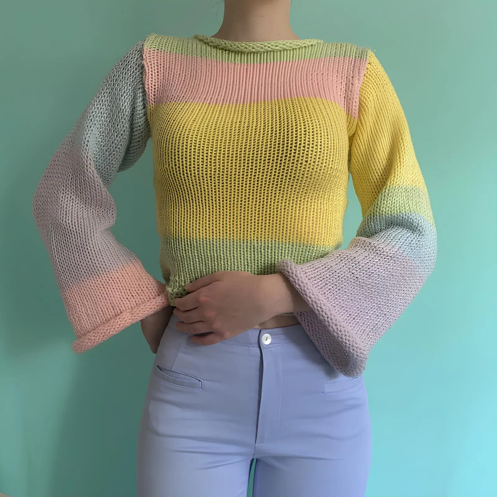 90s Streetwear Color Block Crochet Knit Crop Top – Bold & Trendy