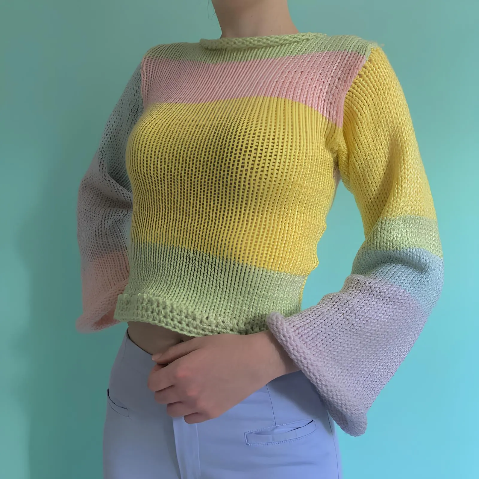 90s Streetwear Color Block Crochet Knit Crop Top – Bold & Trendy