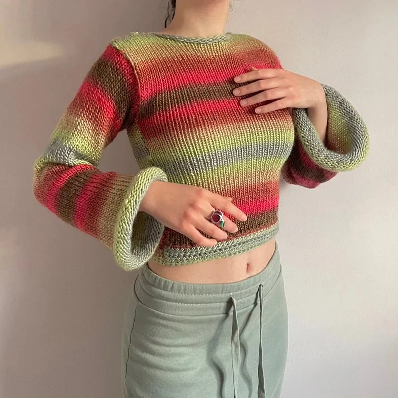 90s Streetwear Color Block Crochet Knit Crop Top – Bold & Trendy