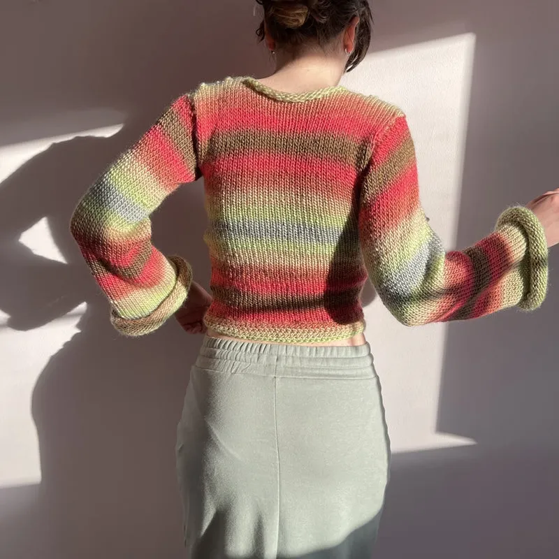 90s Streetwear Color Block Crochet Knit Crop Top – Bold & Trendy