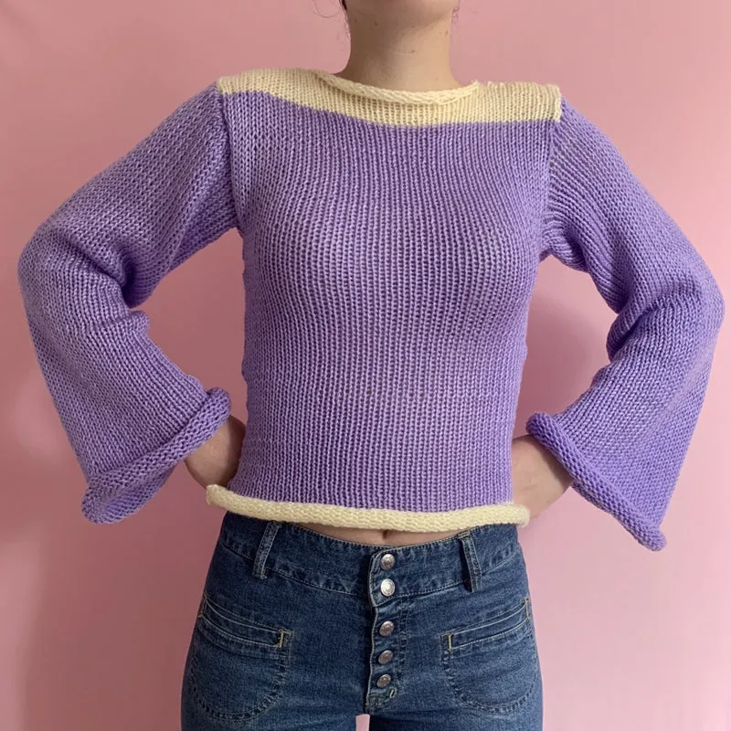 90s Streetwear Color Block Crochet Knit Crop Top – Bold & Trendy