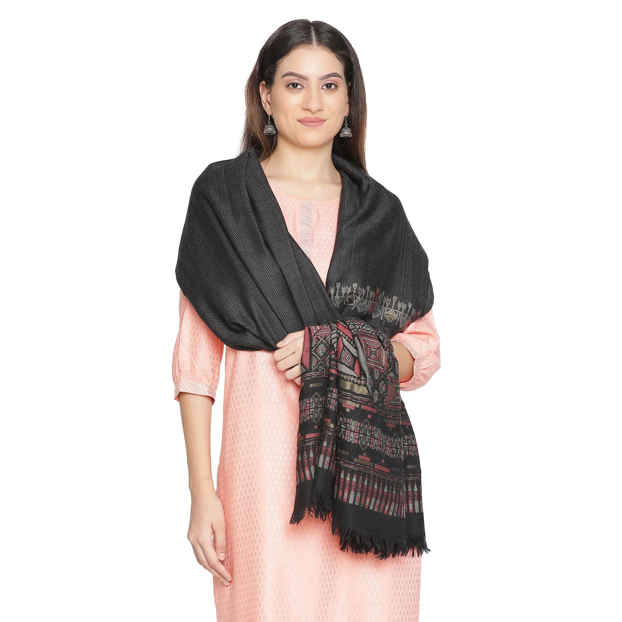 Abstract Border Printed Wool Shawl