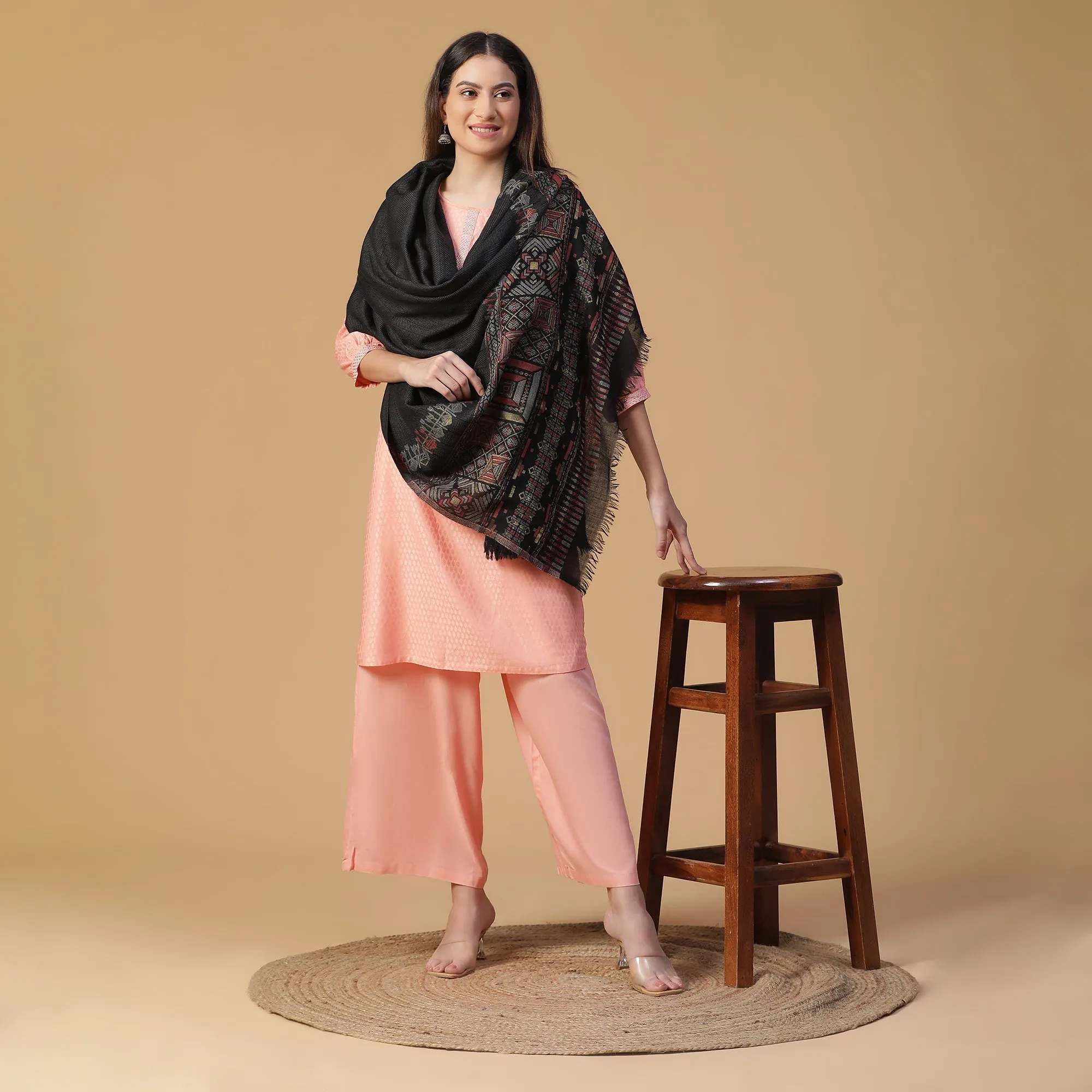 Abstract Border Printed Wool Shawl