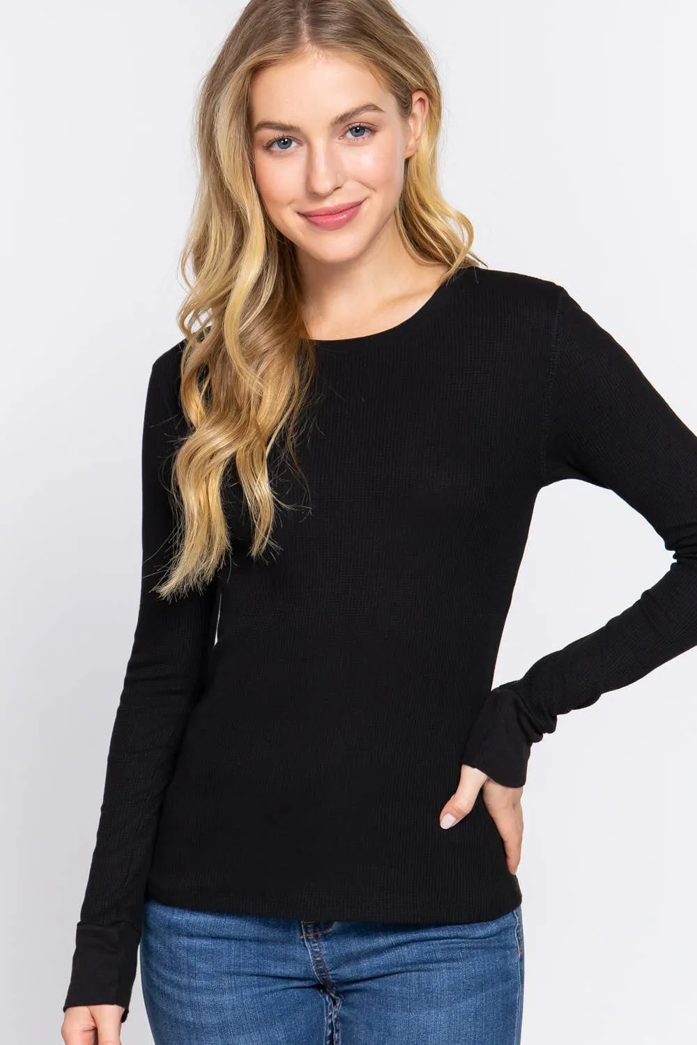 Active Basic Long Sleeve Crew Neck Thermal Knit Top