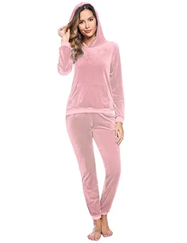 Aiboria Women's Solid Velour Sweatsuit Set Hoodie and Pants Sport Suits Tracksuits (Pink,XS)