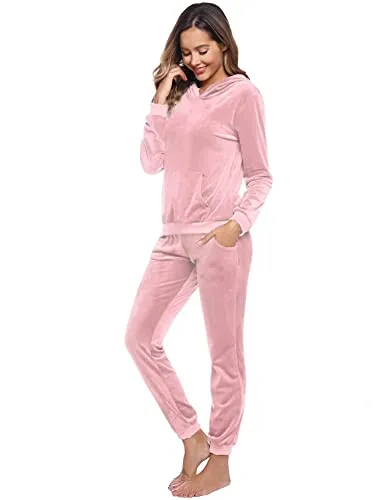 Aiboria Women's Solid Velour Sweatsuit Set Hoodie and Pants Sport Suits Tracksuits (Pink,XS)