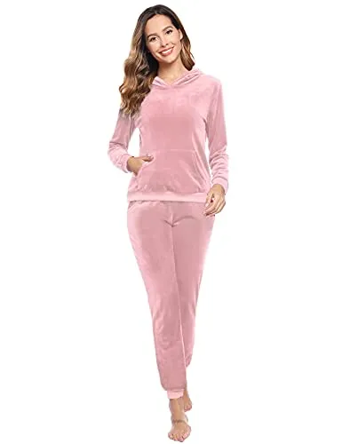 Aiboria Women's Solid Velour Sweatsuit Set Hoodie and Pants Sport Suits Tracksuits (Pink,XS)