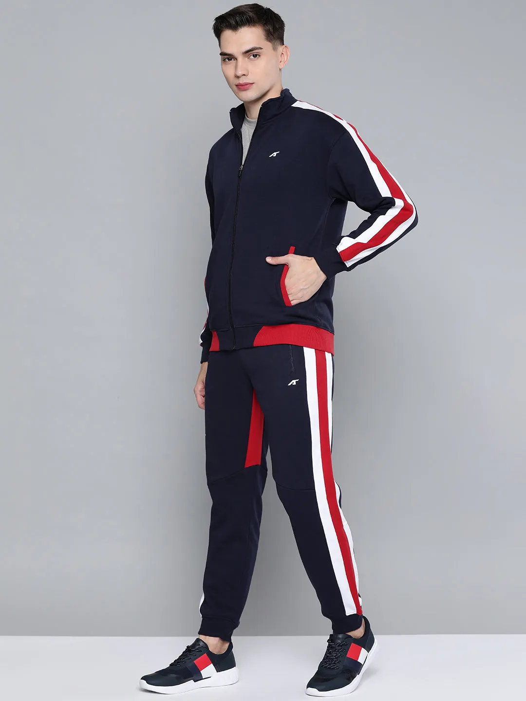 Alcis Men Navy Blue Red Striped Track Suit