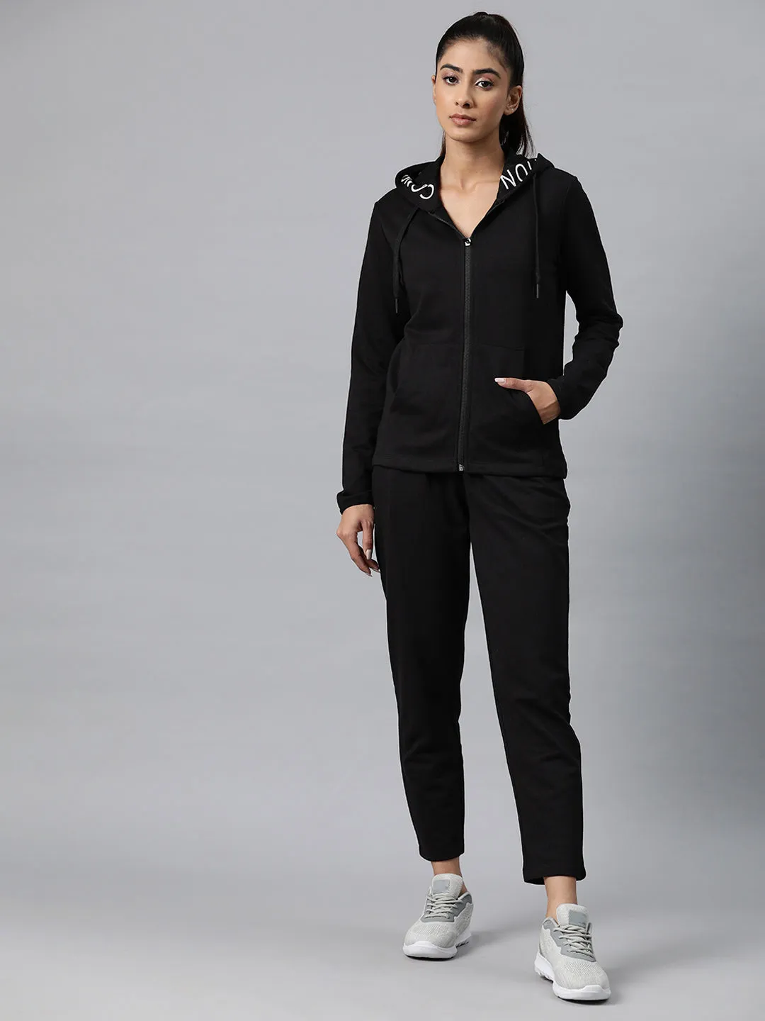 Alcis Women Typography Print Mid-Rise Hooded Tracksuit