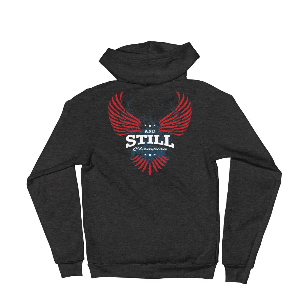 And Still Champion crest and sleeve logo, Soaring Champion on back men's zip-up hoodie