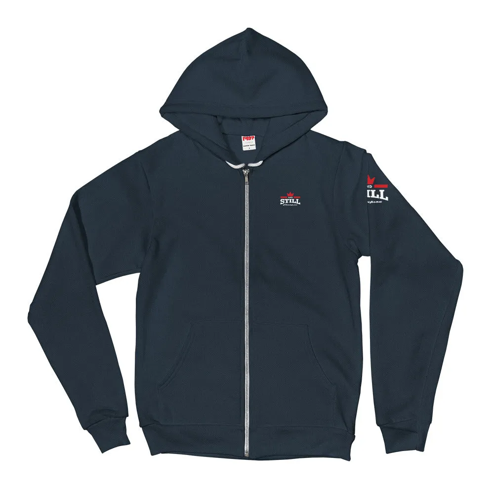 And Still Champion crest and sleeve logo, Soaring Champion on back men's zip-up hoodie