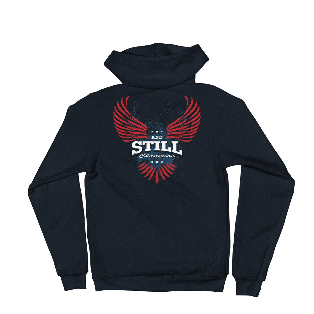 And Still Champion crest and sleeve logo, Soaring Champion on back men's zip-up hoodie
