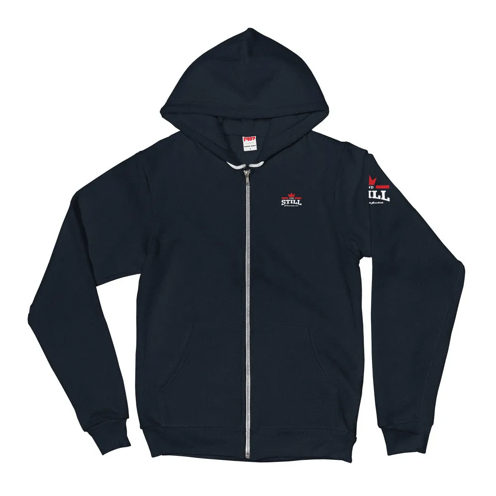 And Still Champion crest and sleeve logo, Soaring Champion on back men's zip-up hoodie