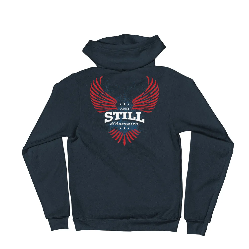 And Still Champion crest and sleeve logo, Soaring Champion on back men's zip-up hoodie
