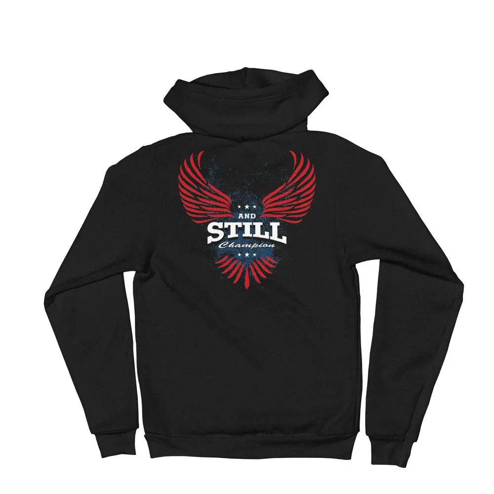 And Still Champion crest and sleeve logo, Soaring Champion on back men's zip-up hoodie