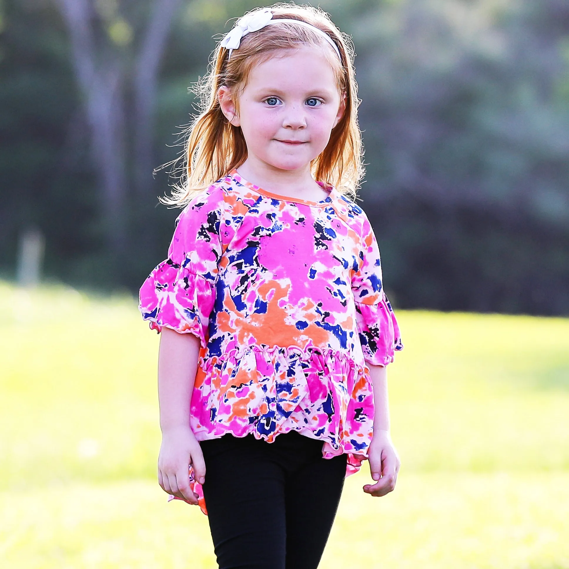 AnnLoren Girls 3/4 Angel Sleeve Tie Dye Cotton Knit Ruffle Shirt