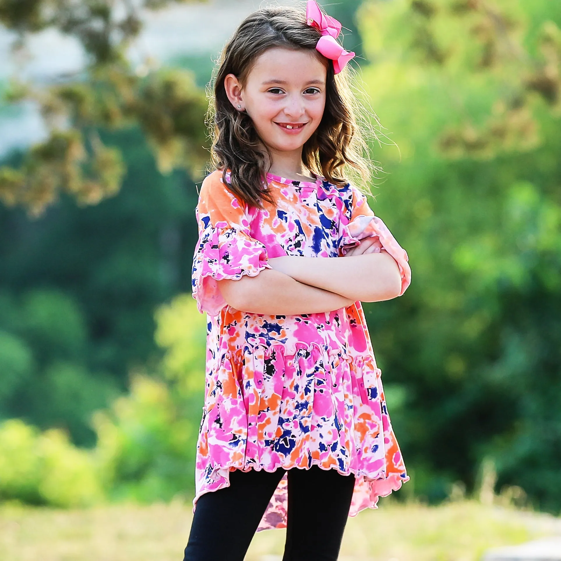 AnnLoren Girls 3/4 Angel Sleeve Tie Dye Cotton Knit Ruffle Shirt