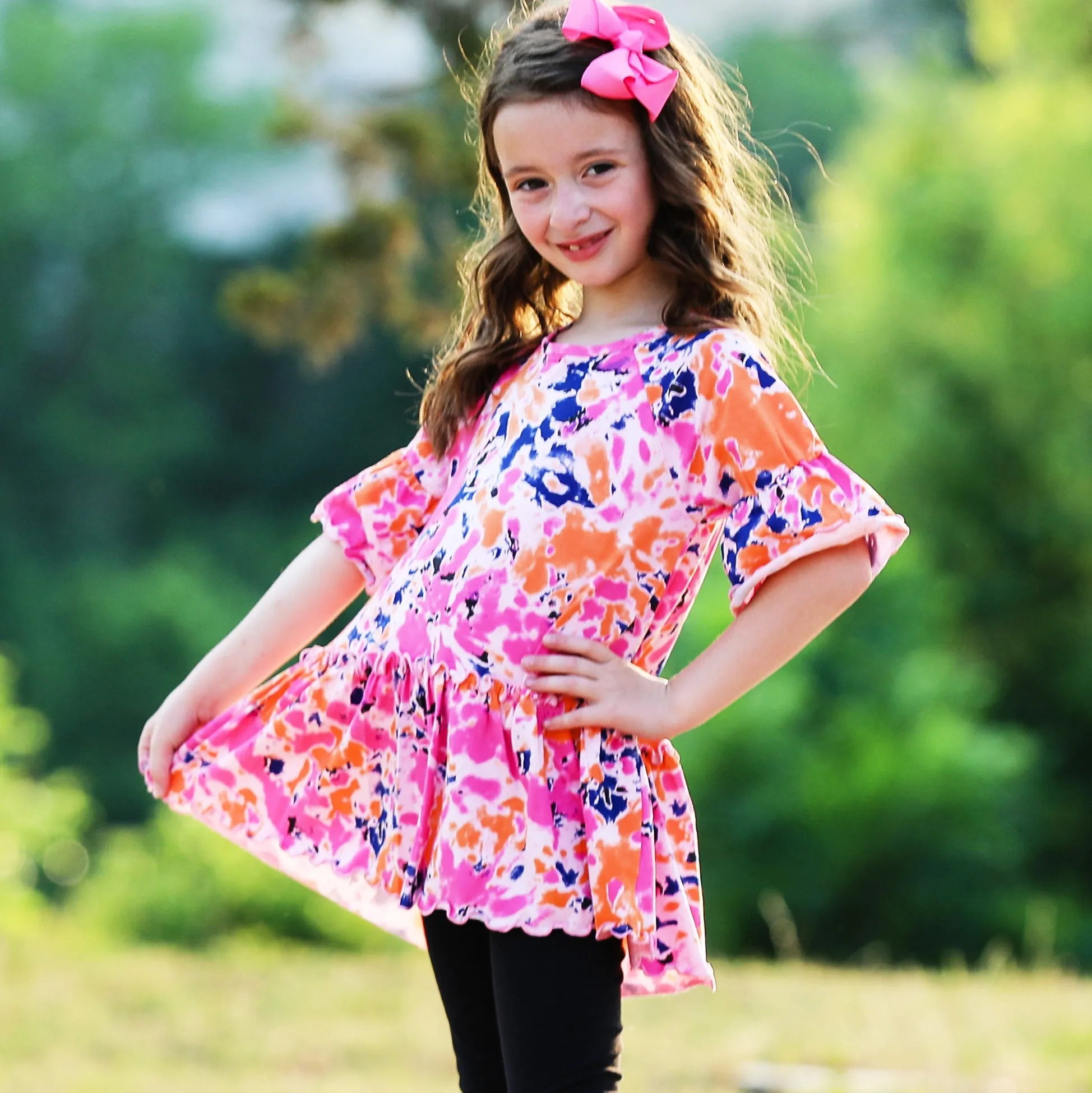 AnnLoren Girls 3/4 Angel Sleeve Tie Dye Cotton Knit Ruffle Shirt