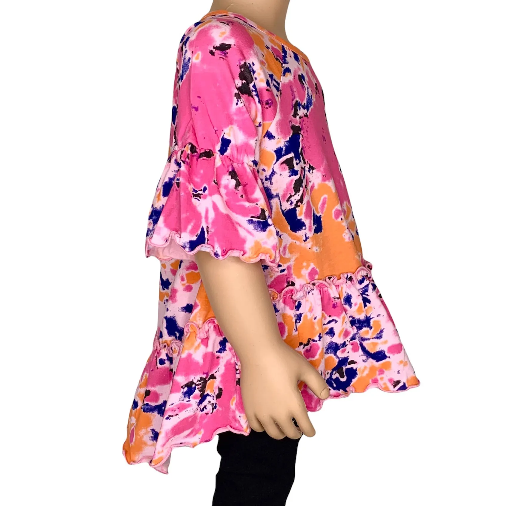 AnnLoren Girls 3/4 Angel Sleeve Tie Dye Cotton Knit Ruffle Shirt