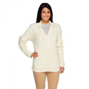 Aran Craft Merino Wool Button V Neck Cardigan with Pockets Natural Medium