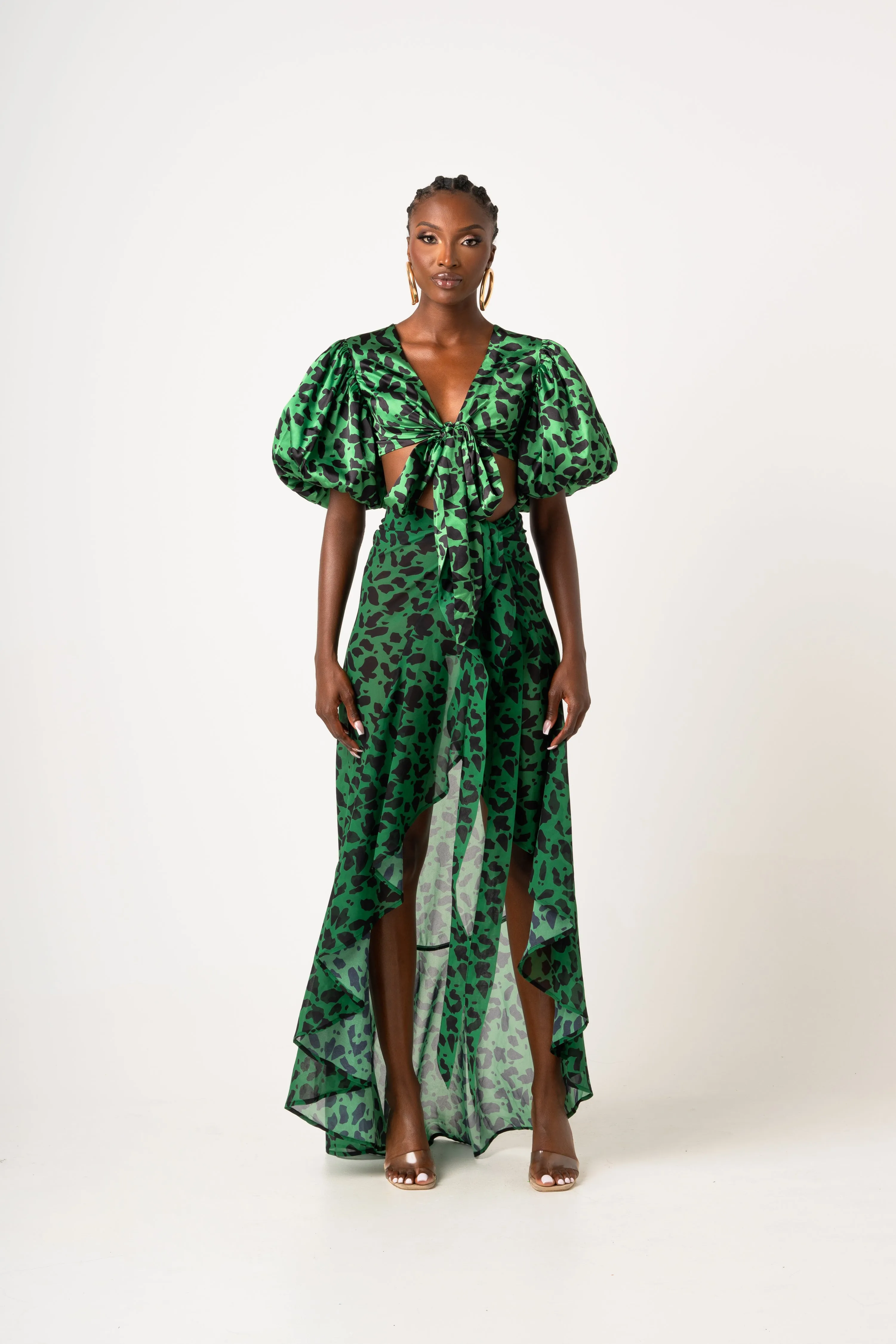 AZI PUFFY SLEEVE FRONT TIE CROP TOP